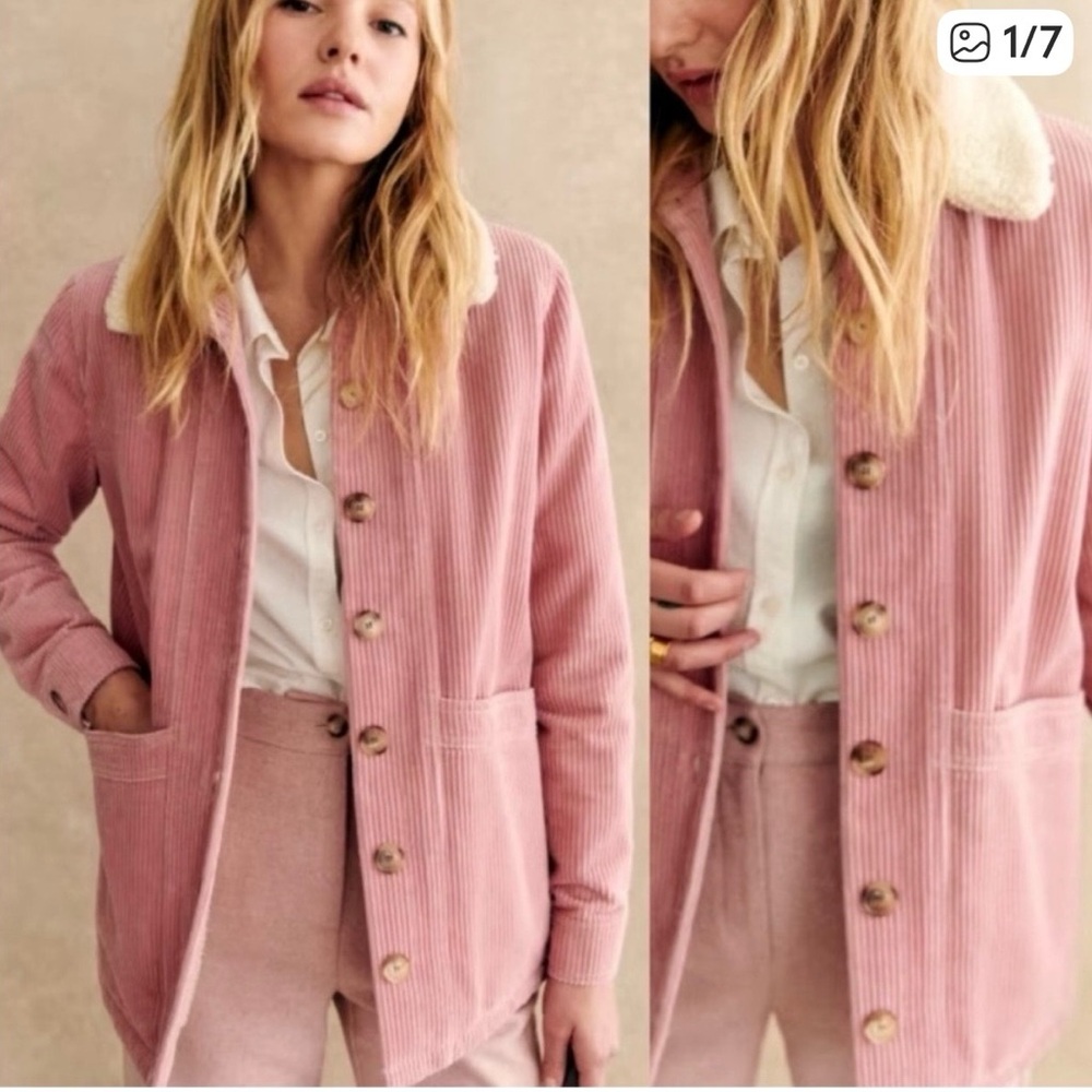 Sezane Will Jacket Rose Corduroy, Mouton Collar  - Size XL